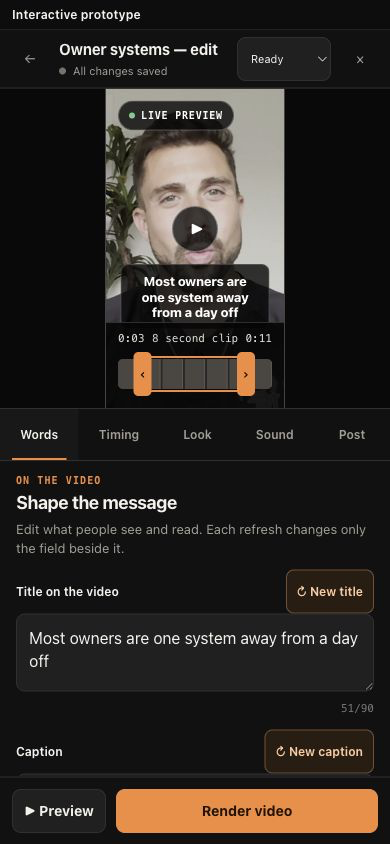 1BB Video Studio on a phone, with a live video preview and title controls